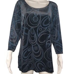 Notations Black Velour With Blue‎ Sparkly Swirl Pattern Top